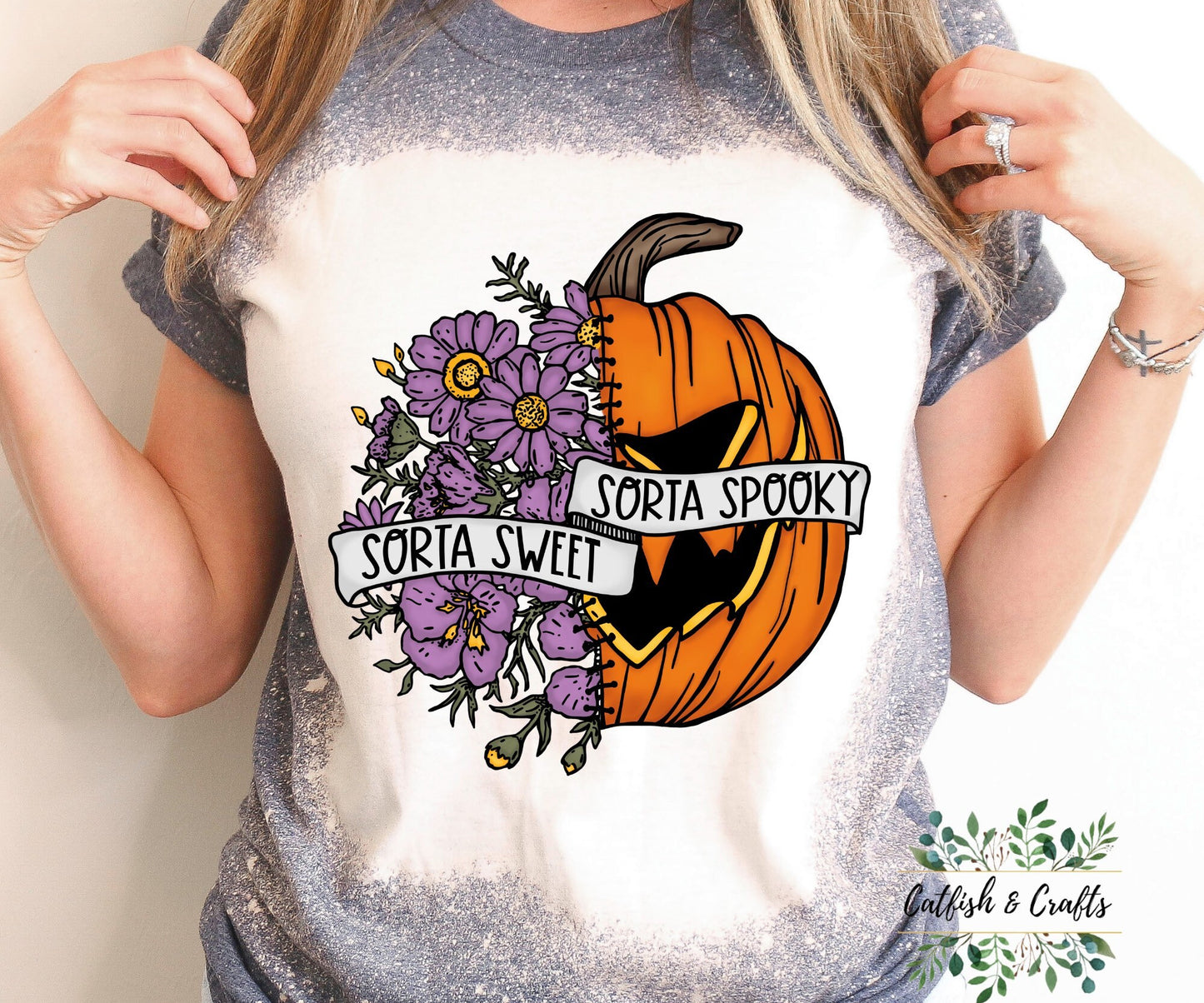Sorta Sweet Sorta Spooky Pumpkin Halloween Bleached Tee