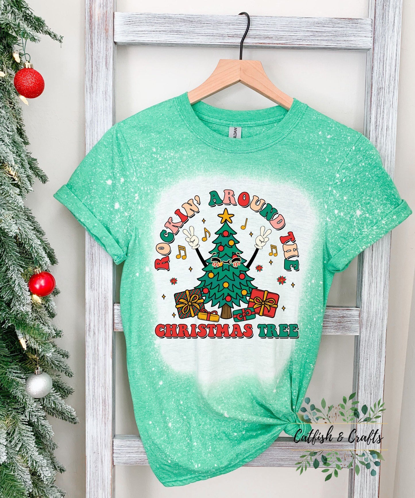 Rockin around the Christmas Tree, Holiday, Christmas Bleached Tee