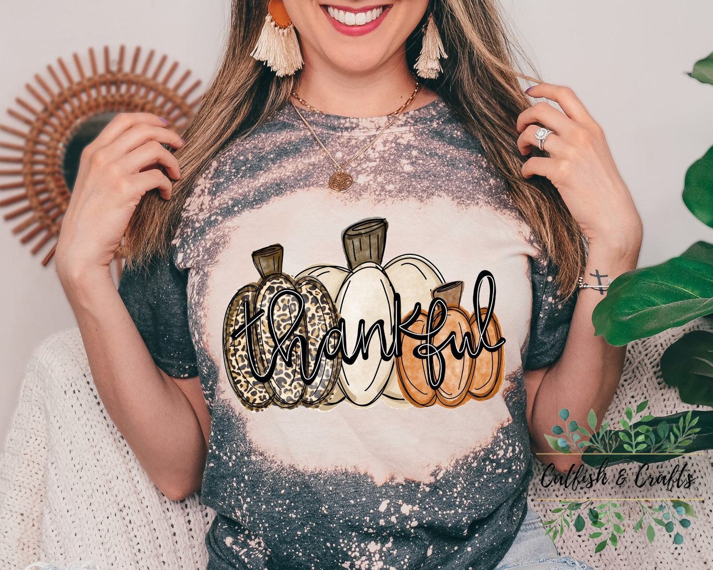 Thankful, Fall, Thanksgiving, Pumpkin Bleached Tee