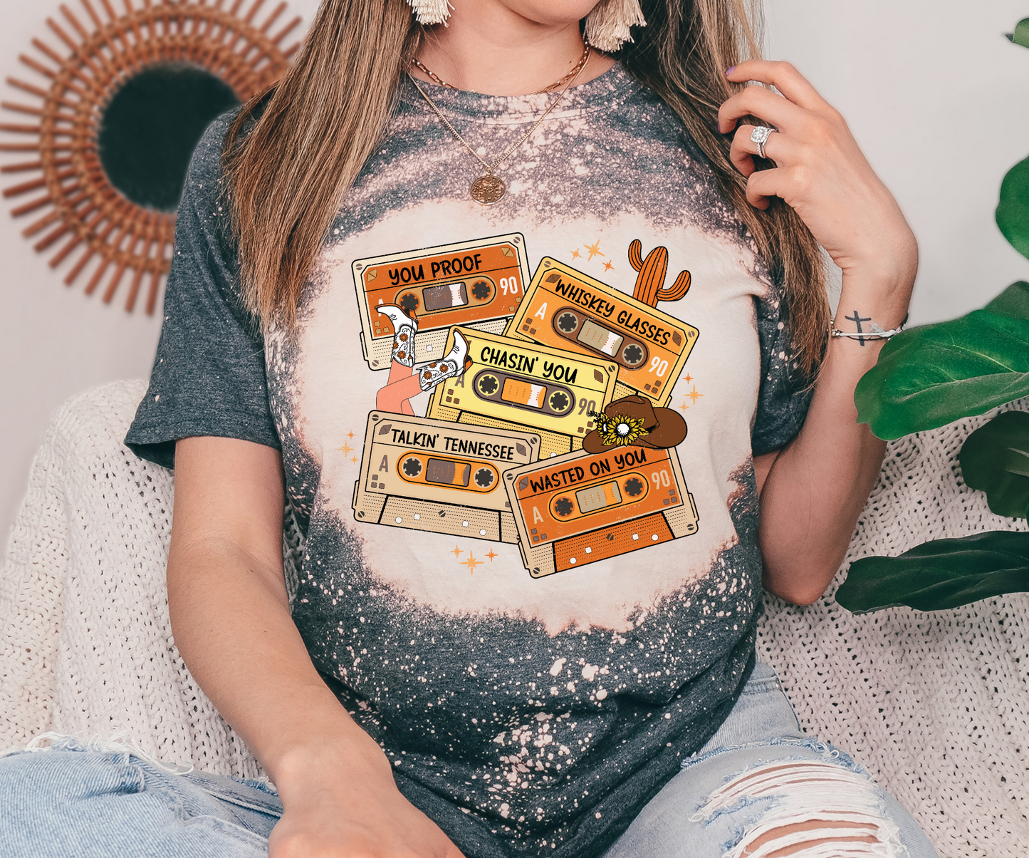 Cassette Tapes You Proof, Whiskey Glasses Concert Bleached Tee
