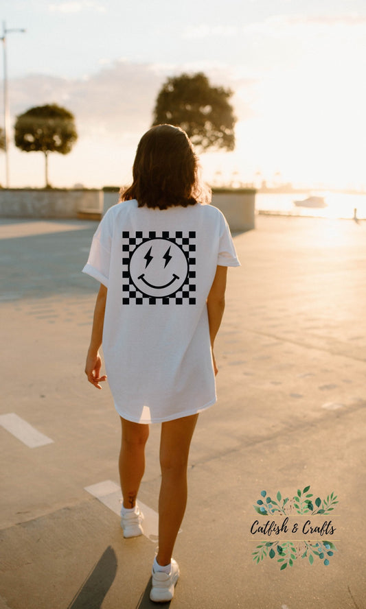 Smiley Face Checkered Graphic Tee Retro Oversized Tee