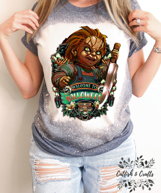 Chucky Welcome to Halloween Horror Bleached Tee