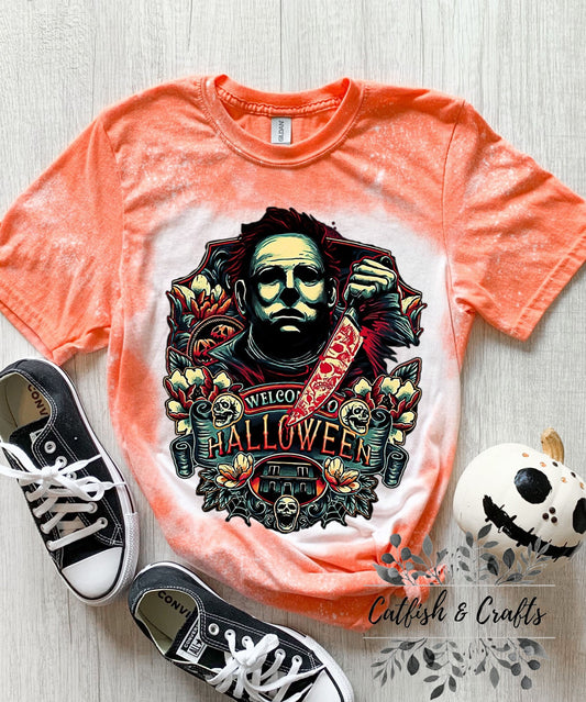 Michael Myers Welcome to Halloween Horror Bleached Tee