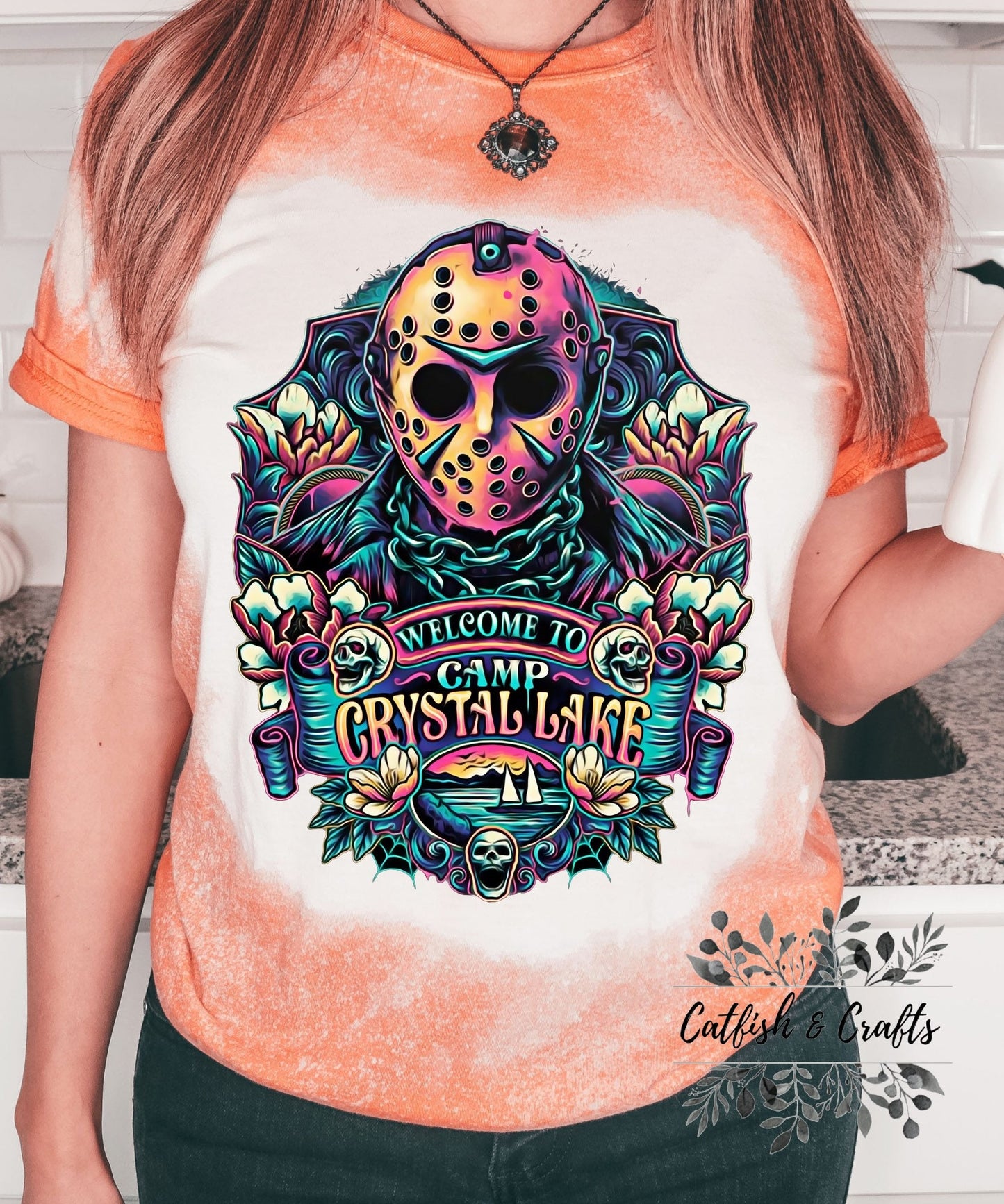 Welcome to Camp Crystal Lake Halloween Horror Bleached Tee