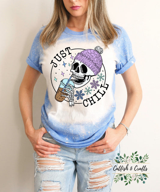 Just Chill, Skull, Holiday, Snow, Christmas Bleached Tee