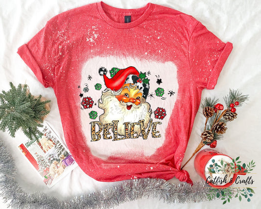Believe, Santa, Holiday, Christmas Bleached Tee