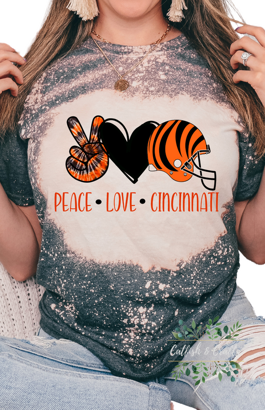 Football Peace Love Cincinnati Bleached Tee